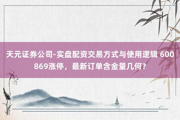 天元证券公司-实盘配资交易方式与使用逻辑 600869涨停，最新订单含金量几何？
